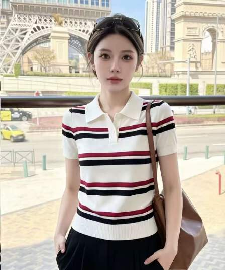 한 부서 출퇴근 바람 디자인 센스 스트라이프 폴로 칼라 반팔 니트 스웨터 여성 여름 새로운 작은 키 배색 맨위 트렌디