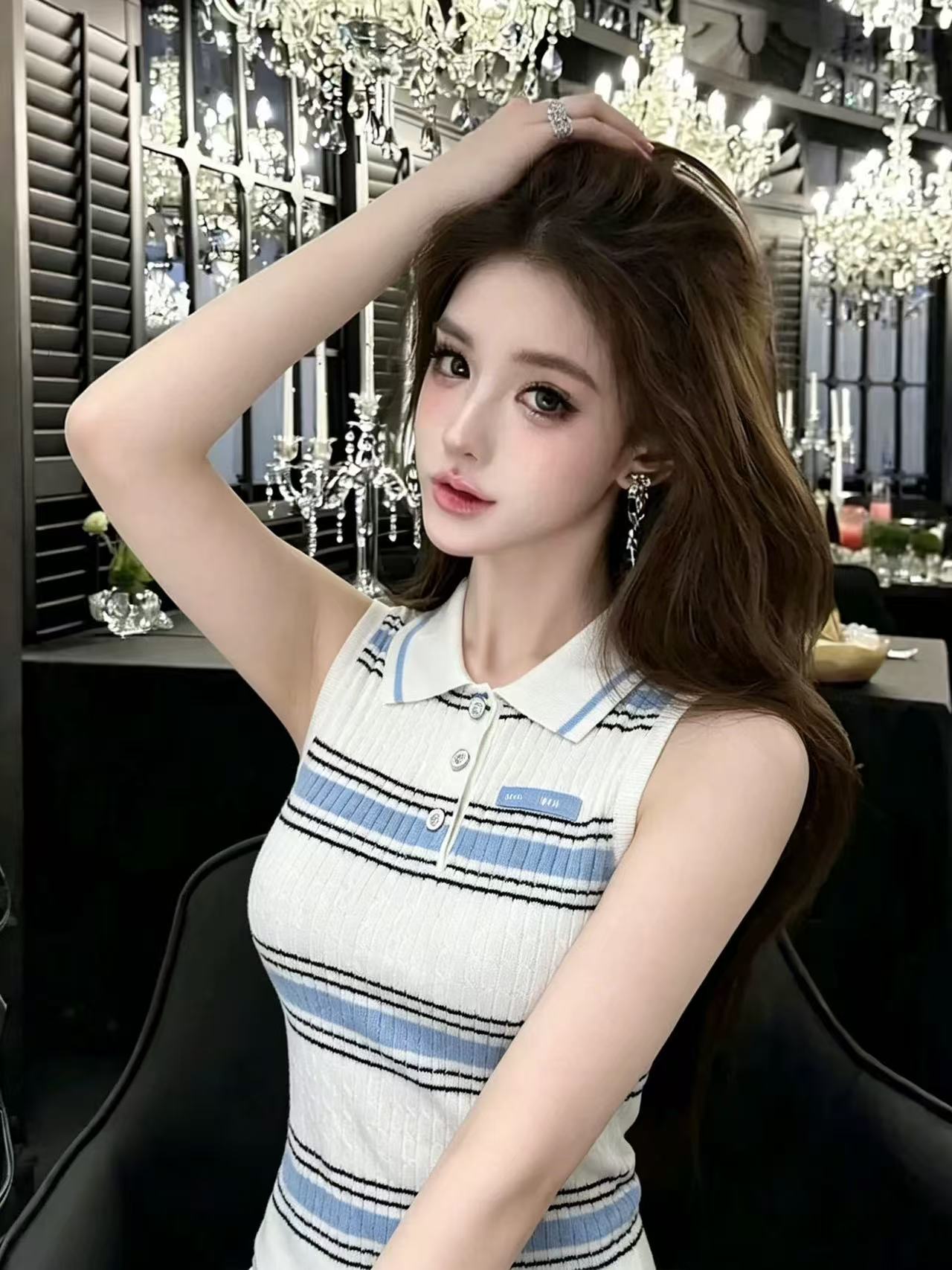 liheyu 한 부서 작은 샤넬 스타일 배색 스트라이프 폴로 칼라 베스트 티셔츠 여성 여름 싱글 줄 버튼 다용도 니트 조끼