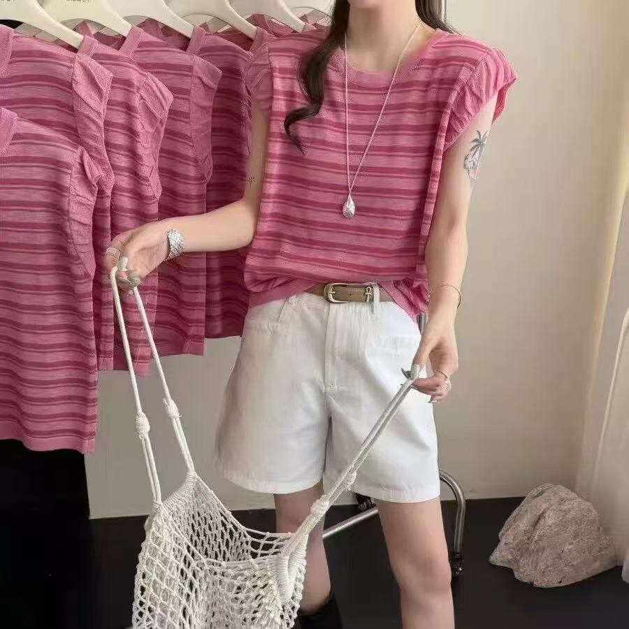 유럽 상품 여름 신제품 패션 민소매 레이스 라운드 넥 핑크색 스트라이프 얼음 실크 아마 니트 스웨터 여성 외국 가스 맨위