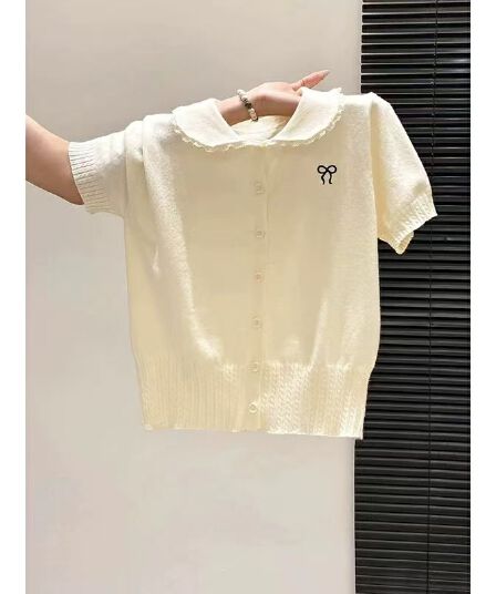 달콤한 스타일 베이비 칼라 니트 반팔 티셔츠 여성 여름 새로운 나비 매듭 자수 몸매 가꾸기 캐주얼 다용도 맨위