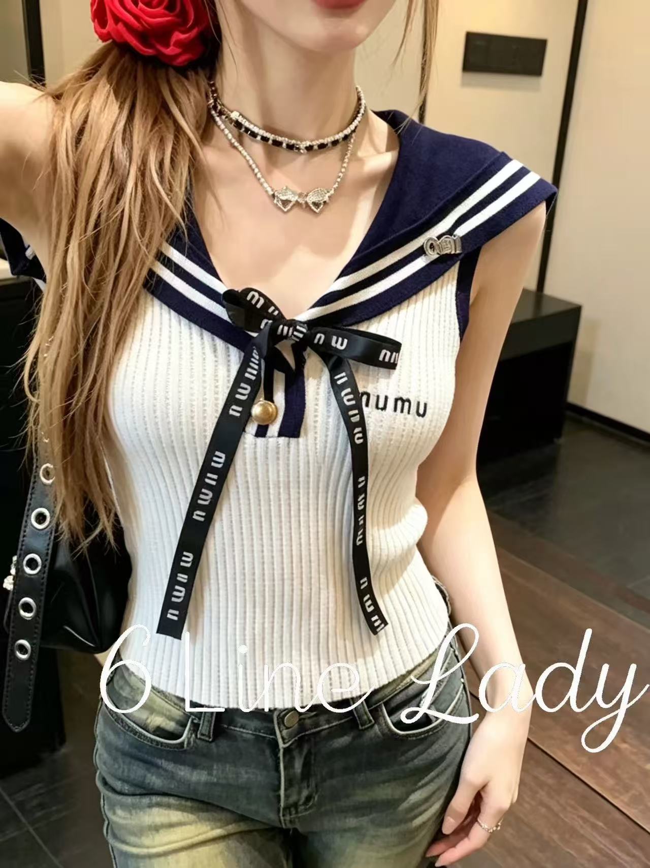 6linelady 달콤한 자매 바람 선원 칼라 작은 셔츠 여성 여름 학원 스타일 배색 나비 매듭 몸매 가꾸기 민소매 맨위