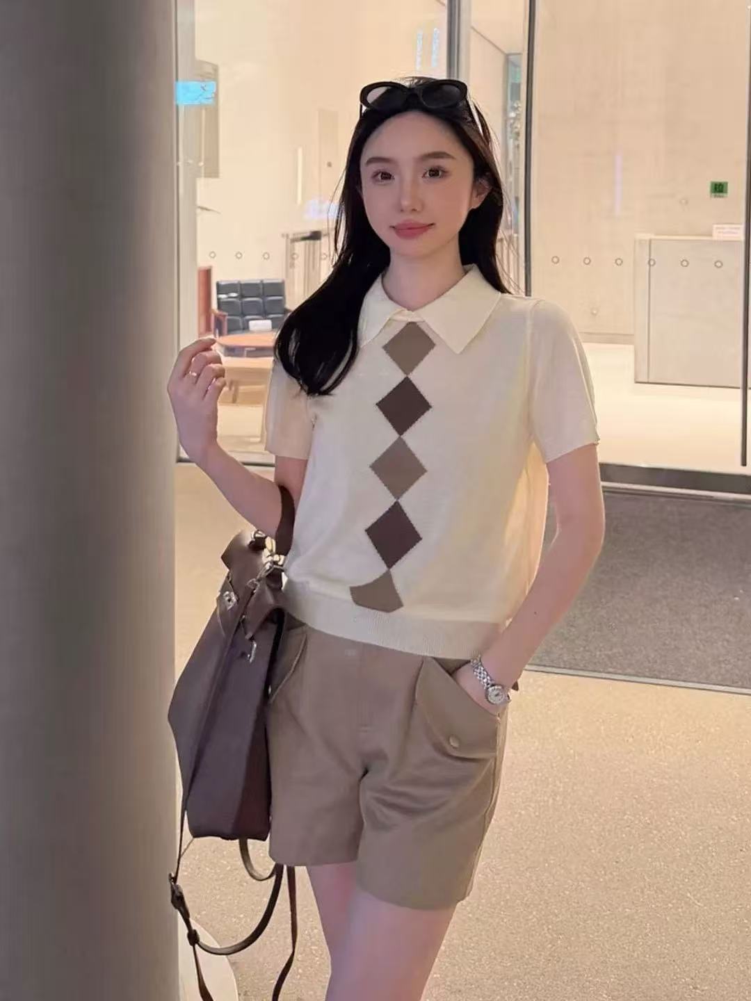한 부서 학원 스타일 POLO 칼라 링 그리드 반팔 티셔츠 니트 스웨터 여성 여름 루즈핏 슬림해 보이는 캐주얼 맨위 얇은 스타일