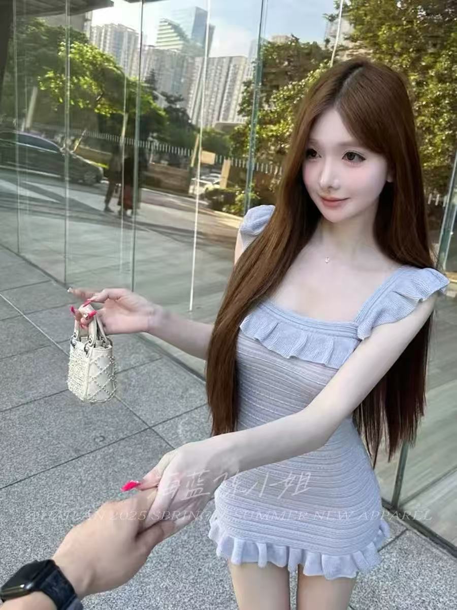 Jiaojiao 길다 달콤함 부드러운 바람 광장 칼라 여성 드레스 여름 디자인 센스 작은 대중 몸매 가꾸기 슬림해 보이는 타이트 스커트 미니 스커트