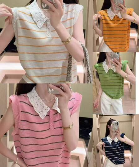 한 부서 산소 센스 자수 폴로 칼라 스트라이프 민소매 POLO 셔츠 여성 여름 새로운 품격 슬림해 보이는 다용도 맨위