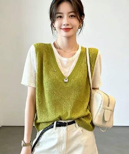 페이크 레이어드 홀로우 아웃 니트 스웨터 여성 2026 여름 섹션 한국 스타일 패션 반팔 패치워크 루즈핏 다용도 얇은 스타일 맨위