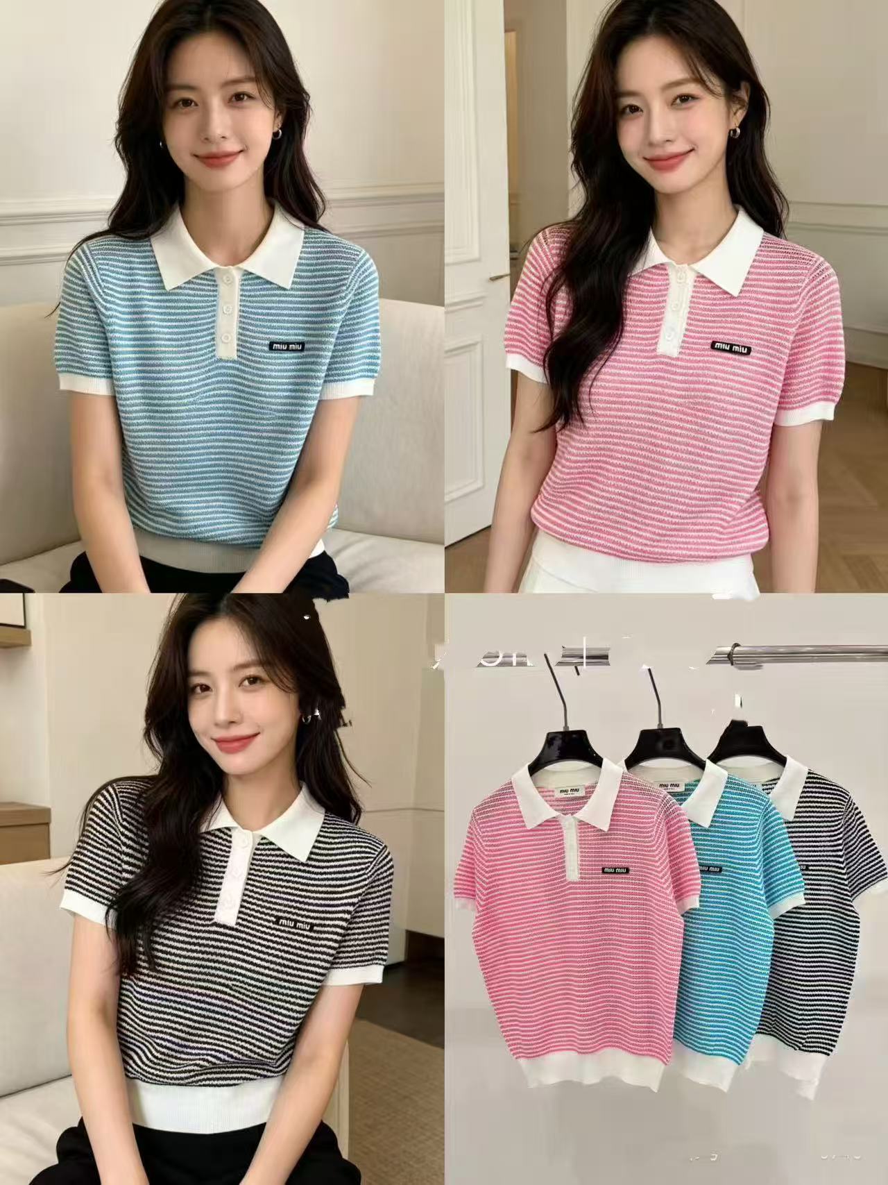 한 부서 스트라이프 POLO 칼라 반팔 티셔츠 여성 2026 새로운 여름 얇은 스타일 니트 스웨터 루즈핏 고급 센스 맨위