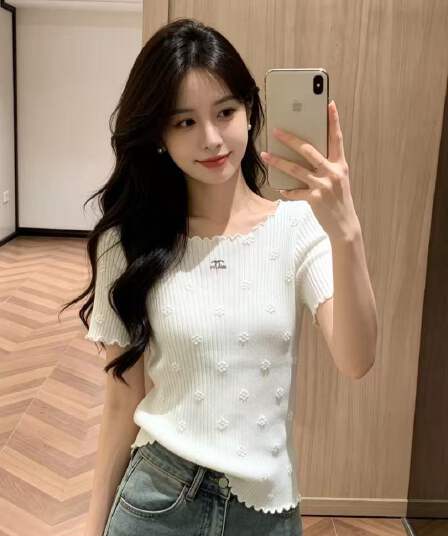 ada jojo 한 부서 부드러운 바람 화이트 프릴 니트 반팔 티셔츠 여자 여름 품격 연령 감소 맨위