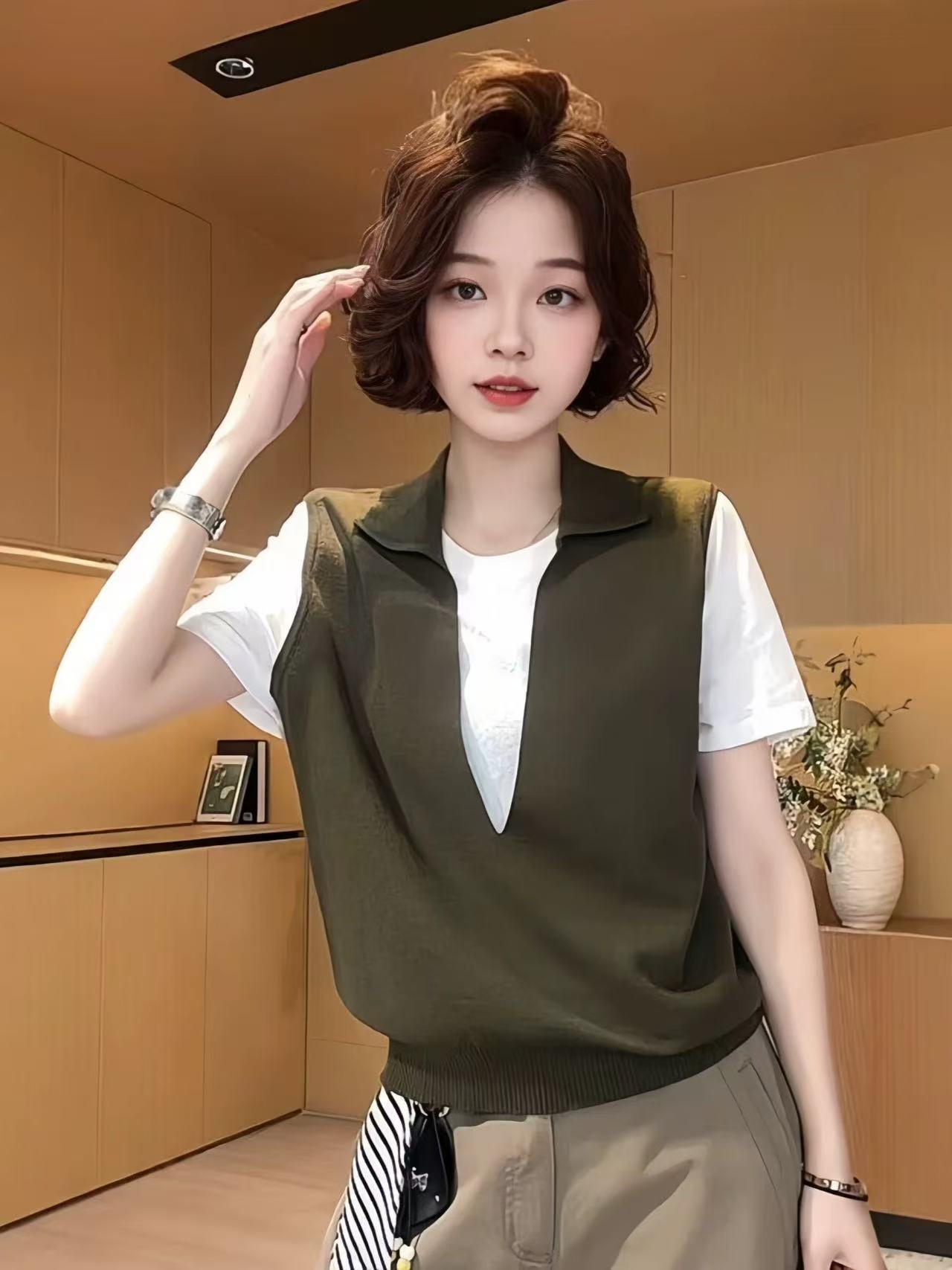 POLO 칼라 패치워크 페이크 레이어드 반팔 티셔츠 2026 여름 빅 사이즈 지방 mm 다용도 슬림해 보이는 루즈핏 여성 맨위