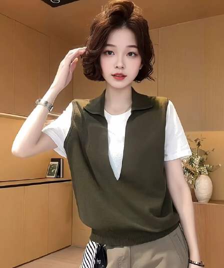 POLO 칼라 패치워크 페이크 레이어드 반팔 티셔츠 2026 여름 빅 사이즈 지방 mm 다용도 슬림해 보이는 루즈핏 여성 맨위