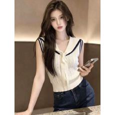 批发海军风撞色V领无袖针织<b class='q'>背心</b>女2026夏季新款复古修身减龄时尚上衣