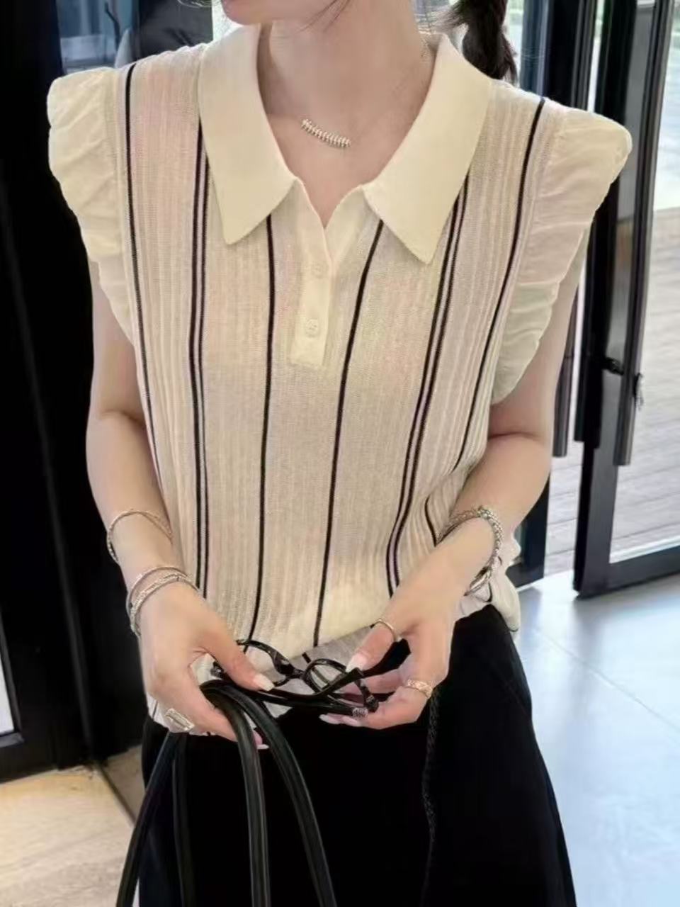 프랑스식 POLO 셔츠 프릴 Feifei 소매 폴로 칼라 니트 맨위 여성 여름 루즈핏 세련된 달콤한 스타일 민소매 티셔츠
