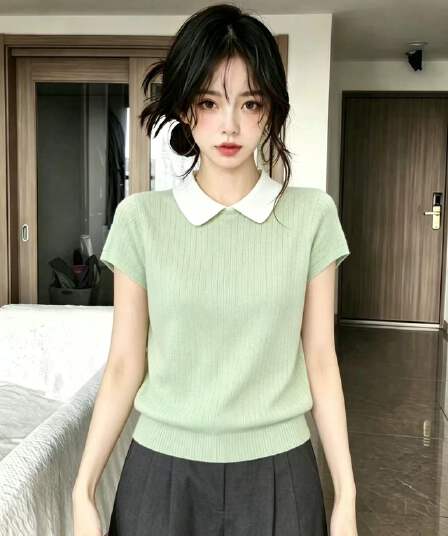 한 부서 배색 폴로 칼라 얼음 실크 반팔 니트 스웨터 여성 2026 새로운 여름 패션 외국 가스 허리 수축 슬림해 보이는 맨위