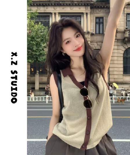 x.zhenab 얼굴 폴로 칼라 민소매 오픈 가디건 진주 마 여성 의류 패션 조수 브랜드 밖으로 조각 아름다운 옷