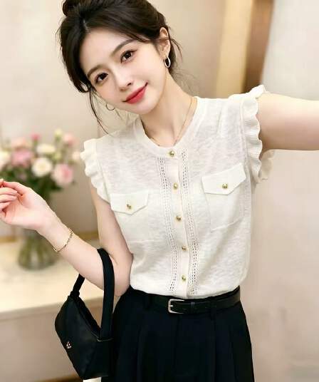 여름 새로운 프릴 작은 날다 소매 싱글 줄 버튼 얇은 스타일 맨위 홀로우 아웃 라운드 넥 품격 다용도 니트 스웨터 오픈 가디건