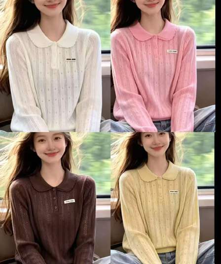 패치 알파벳 폴로 칼라 디자인 센스 작은 대중 긴팔 오픈 가디건 새로운 홀로우 아웃 외부 가져 가라. 털 빛 럭셔리 털 니트 스웨터
