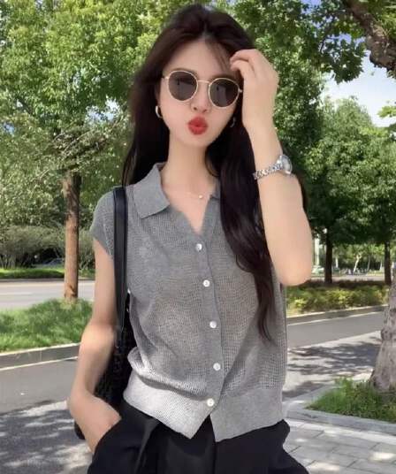 빛 사람들 착용 가져 가라. 회색 POLO 칼라 반팔 니트 오픈 가디건 여성 여름 고급 센스 슈퍼 잘 생긴 ~ 중 얼음 실크 맨위 얇은