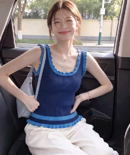 한 부서 레이스 패치워크 색상 u 칼라 스트라이프 캐미솔 여름 작은 키 외출용 몸매 가꾸기 슬림해 보이는 쇼트 스타일 맨위
