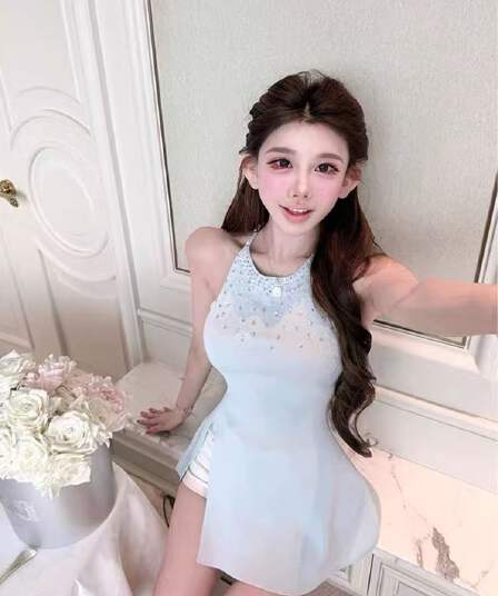 여름 순수한 욕망 바람 달콤함 천 골드 품격 무거운 작업 비즈 박기 허리 수축 니트 행침 목 슬립 측면 트임 맨위 여성