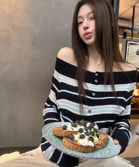 lilylikes 한 조정 여성 주님 60 지점 양모 혼방 아름다운 품격 오프숄더 해군 스트라이프 맨위