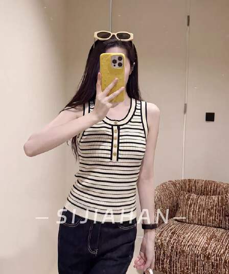 생각하기 지아 한 캐주얼 라운드 넥 해군 스타일 스트라이프 민소매 니트 스웨터 여성 여름 몸매 가꾸기 슬림해 보이는 다용도 연령 감소 맨위