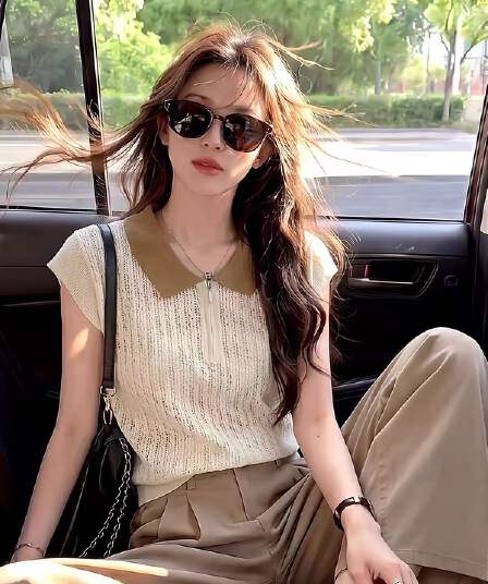 한 부서 배색 폴로 칼라 니트 스웨터 여성 여름 얇은 스타일 통기성 홀로우 아웃 디자인 센스 지퍼 칼라 반팔 티셔츠 맨위