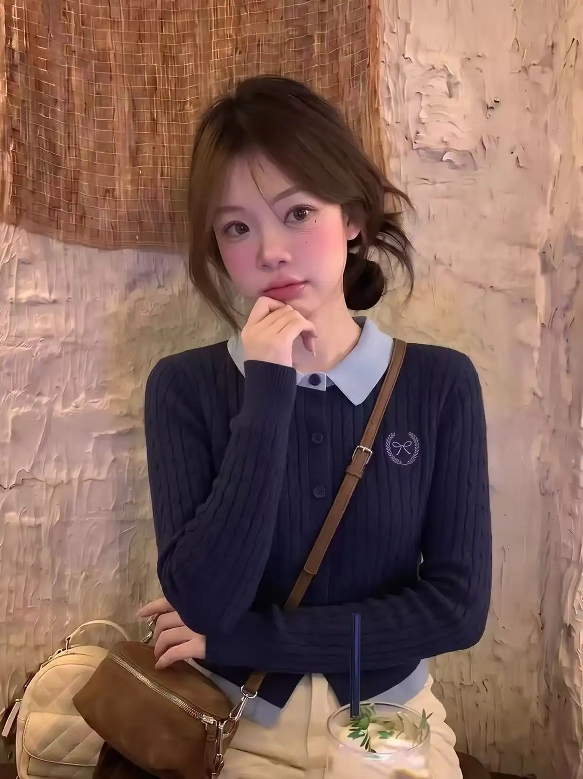한국인기 프레피 투톤 폴로 칼라 가디건 상세 이미지 1