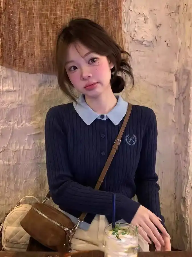 한국인기 프레피 투톤 폴로 칼라 가디건 상세 이미지 3