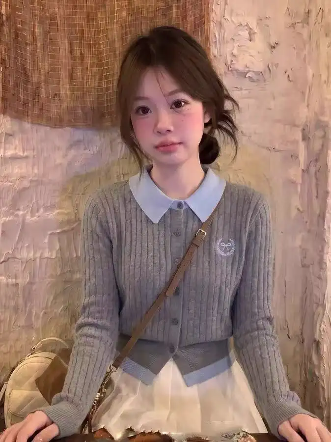 한국인기 프레피 투톤 폴로 칼라 가디건 상세 이미지 4