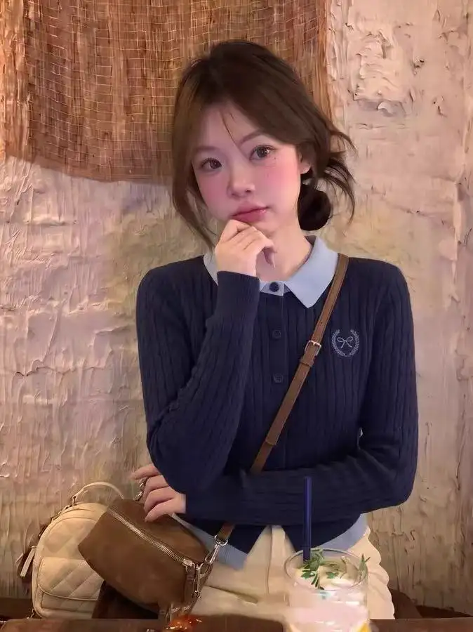 한국인기 프레피 투톤 폴로 칼라 가디건 상세 이미지 5