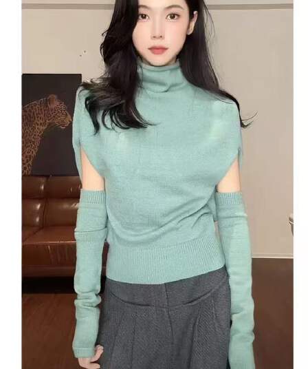 한 부서 박하 녹색 반하이넥 배트윙 소매 니트 스웨터 여성 가을 겨울 디자인 센스 느긋한 스웨터 인사이드 가져 가라. 만나는 맨위