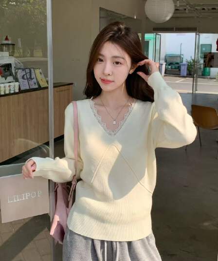 miu 부서 V넥 레이스 조각 기본 셔츠 여성 봄 가을 순수한 욕망 인사이드 가져 가라. 스웨터 프랑스식 오트밀 색상 니트 맨위