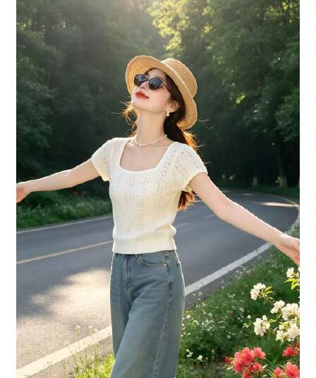 디자인 센스 광장 칼라 홀로우 아웃 얼음 실크 니트 반팔 여성 여름 부드러운 바람 슬림해 보이는 다용도 쇼트 스타일 프랑스식 달콤함 맨위