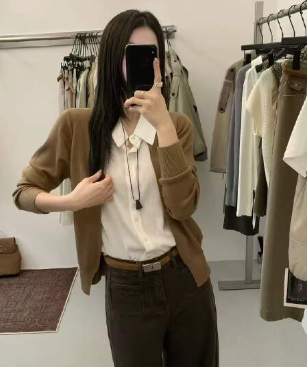 zepe 가을 새로운 프랑스식 학원 스타일 폴로 칼라 니트 아마 패치워크 오픈 가디건 여성 페이크 레이어드 오래된 돈 바람 맨위