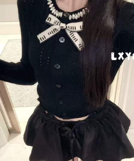 lxyg 작은 샤넬 스타일 miu 부서 나비 매듭 화이트 긴팔 니트 오픈 가디건 여성 몸매 가꾸기 슬림해 보이는 연령 감소 재킷 맨위