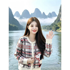 批发少女风小狗针织<b class='q'>开衫</b>女秋季穿搭撞色针织衫格子<b class='q'>条纹</b>毛衣外套秋装