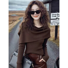 法式咖色荡领长袖T恤披肩女早秋季新款时尚绝美叠穿打底衫上衣