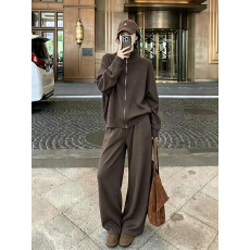 慵懒风连帽拉链针织卫衣开衫套装女秋冬宽松显瘦休闲阔腿裤两件套