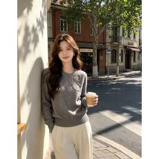 秋冬季新款时尚蝴蝶结烫钻圆领长袖针织衫女显瘦短款毛衣打底上衣