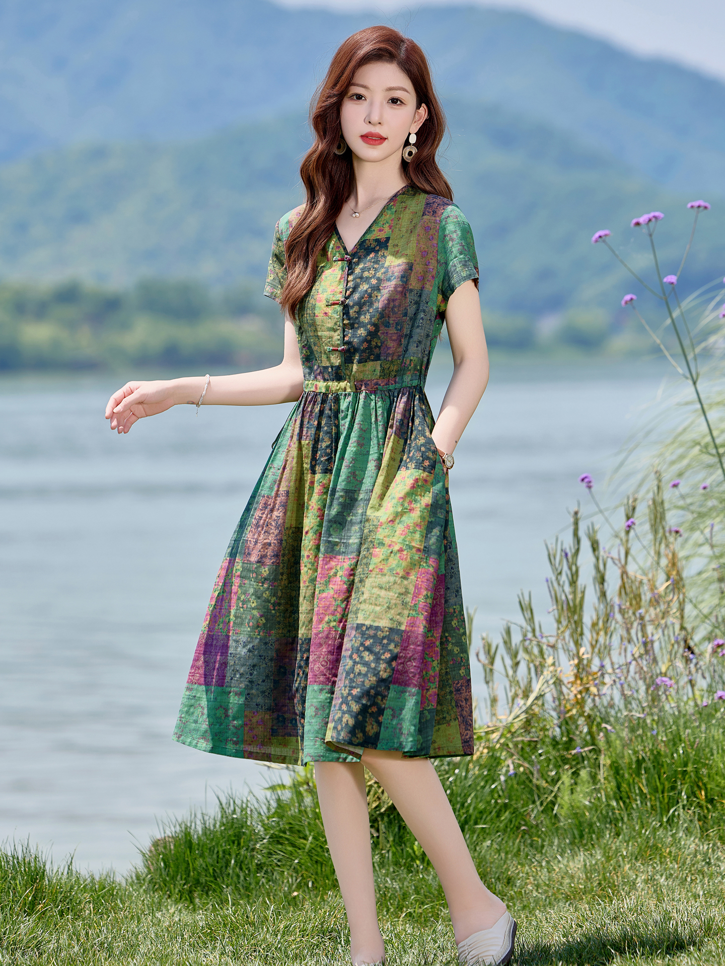 RY4956# 棉麻连衣裙夏季大码女装巨好看高端精致气质修身碎花裙子