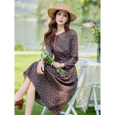 批发碎花连衣裙女春秋2026新款收腰显瘦高端洋气法式复古印花棉麻裙子