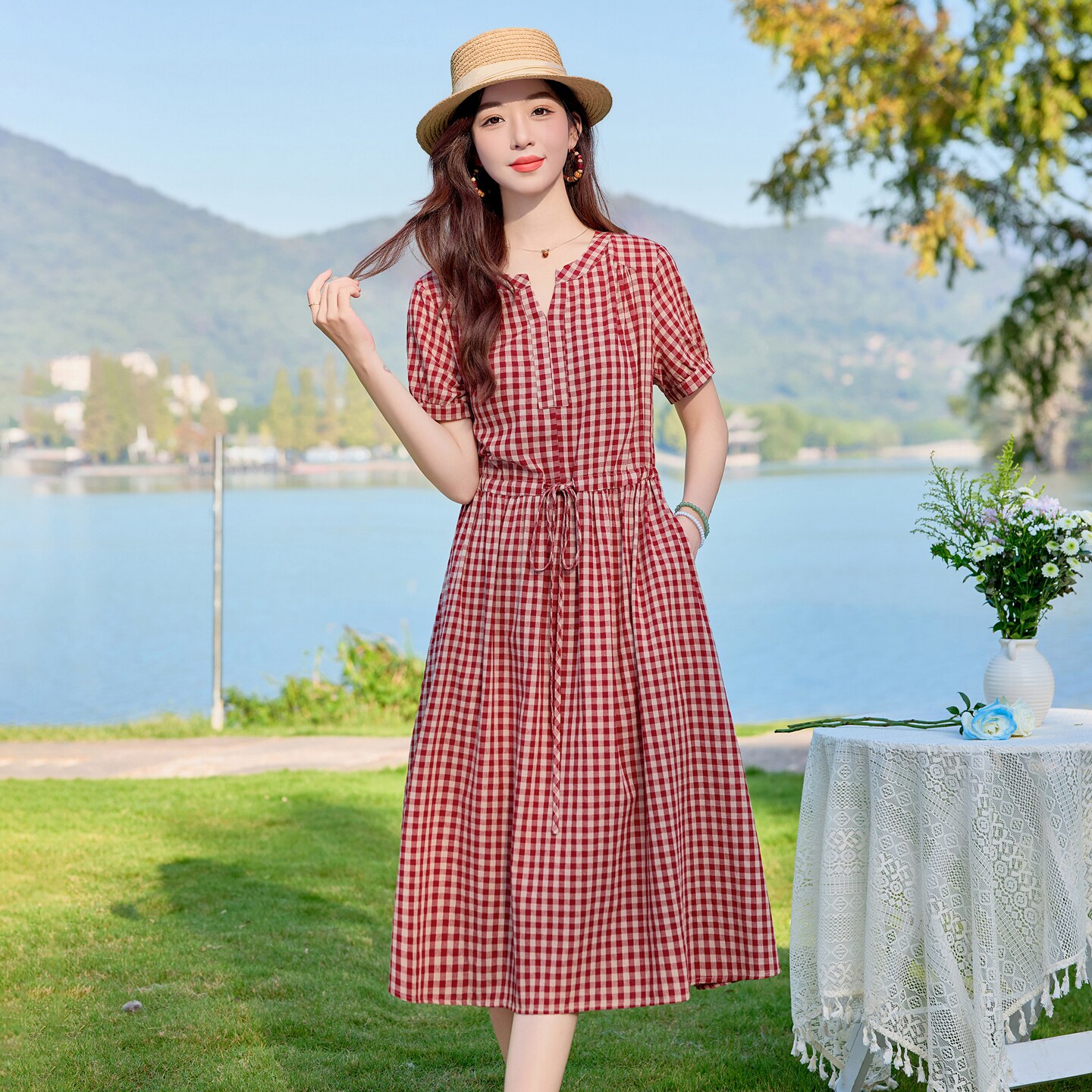 RY4954# 复古格子连衣裙女2026新款V领收腰显瘦中长款气质裙