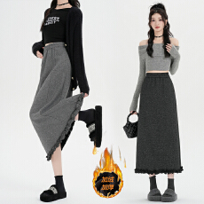 批发实拍2025秋冬<b class='q'>新款</b>简约毛呢奶美蓉A字<b class='q'>半身裙</b>女加绒木耳边拼接伞裙