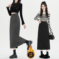 批发实拍亮片加绒毛呢<b class='q'>半身裙</b>女<b class='q'>新款</b>高腰a字包臀中长款后开叉直筒裙