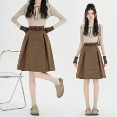 批发实拍复古格子半身裙女2025高腰气质压褶a字包臀裙显瘦防走光中裙