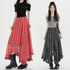 批发实拍复古红色格纹<b class='q'>半身</b>裙女2026春夏薄款海边度假风不规则<b class='q'>半身</b><b class='q'>长裙</b>