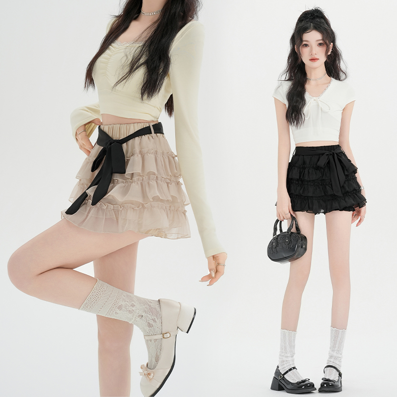 실사 달콤한 스타일 나비 넥타이 케이크 반신 스커트 여성 새로운 소녀 센스 노출 방지 한 마디 퍼프 미니 스커트