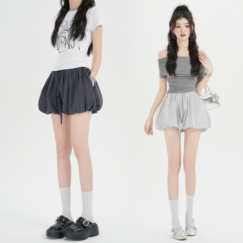 실사 레트로 스트라이프 캐주얼 꽃밭 반바지 여성 2026 새로운 펌프 로프 허리밴드 다용도 슬림해 보이는 스트레이트 팬츠