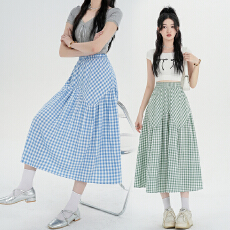 批发实拍蓝色格子a字半身裙女春<b class='q'>夏</b>季设计感韩系小清新高腰中长款伞裙