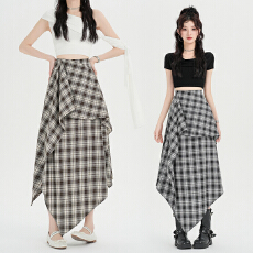 批发实拍高腰格纹不规则<b class='q'>半身裙</b>女2026新款显瘦宽松设计感a字中<b class='q'>长裙</b>子