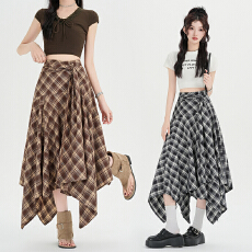 批发实拍格纹高腰不规则<b class='q'>半身裙</b>女2026新款显瘦宽松设计感a字中<b class='q'>长裙</b>子